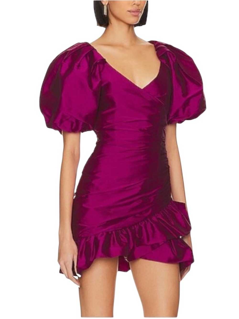 MISA Los Angeles - NWT Magenta Taffeta Puff Sleeve Ruffle Mini Dress Sz M